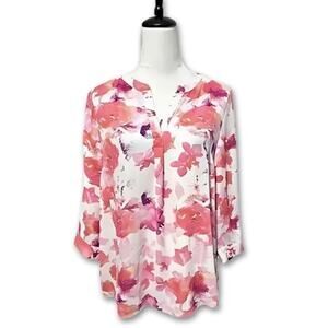 Lila Rose Tunic Top Split V-Neckline Pullover 3/4 Sleeves Floral Pink Orange S